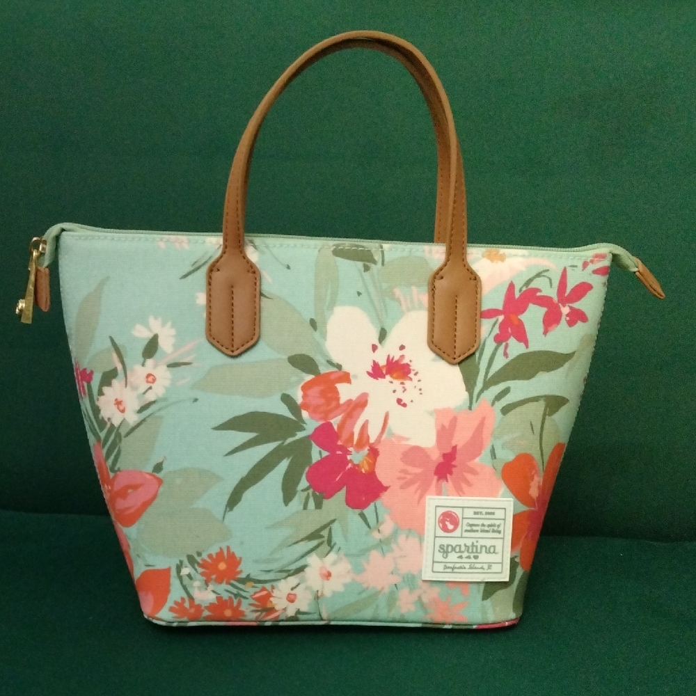 Spartina 449 Mint Floral Canvas Tote with Brown Handles